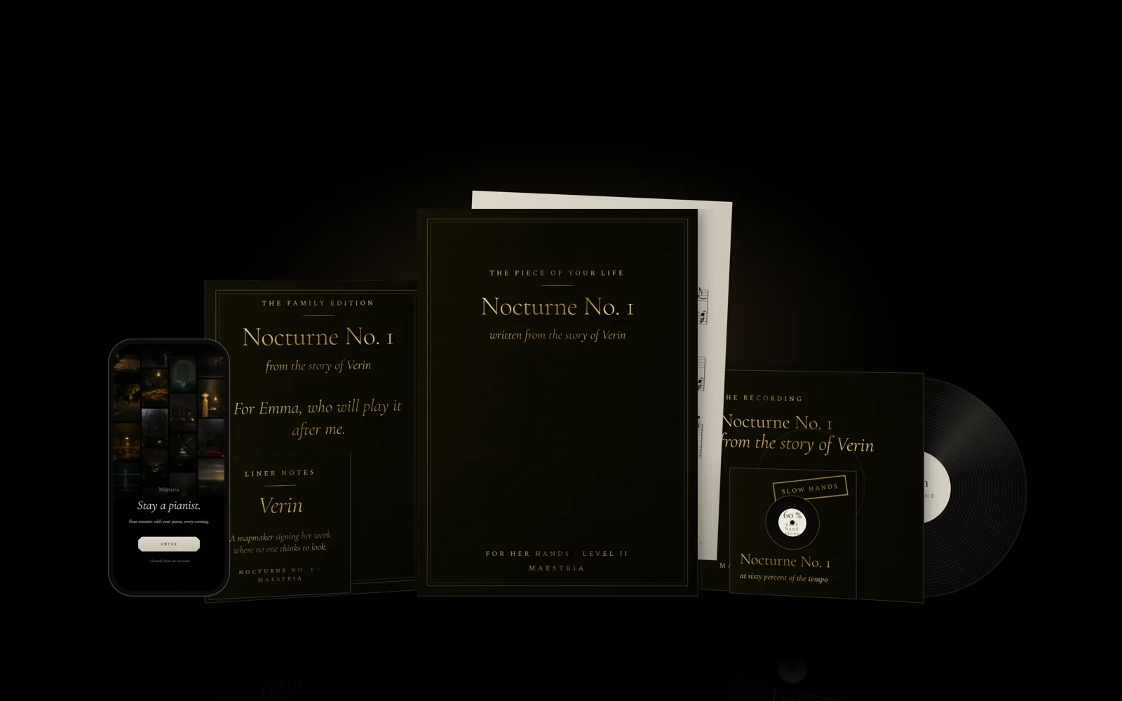 The edition, standing under a lamp: the Family Edition, the engraved score, the recording with its vinyl, the Liner Notes, the Slow Hands Edition and the Maestria app.