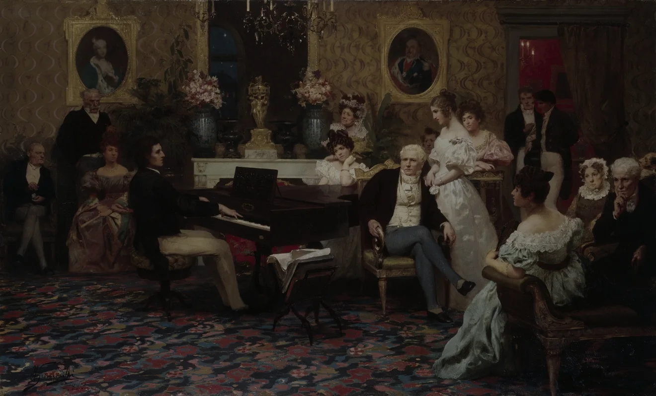 Chopin playing the piano in a salon, surrounded by listeners. Painting by Henryk Siemiradzki, 1887.